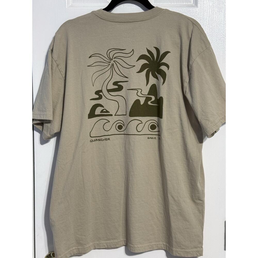 Quiksilver Mens XL Tan Graphic T Shirt Surf Palm Tree Wave Back Print Regular Fi